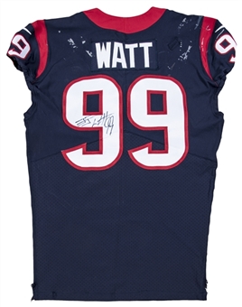 2018 JJ Watt Game Used, Twice Signed & Inscribed Houston Texans Home Jersey Photo Matched To 1/5/2019 (Resolution Photomatching & Beckett)